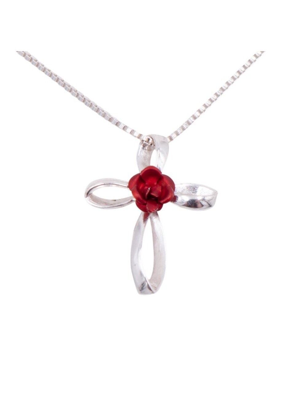 Sterling Silver Red Rose Cross Pendant 16 Inch Necklace Christian Jewelry